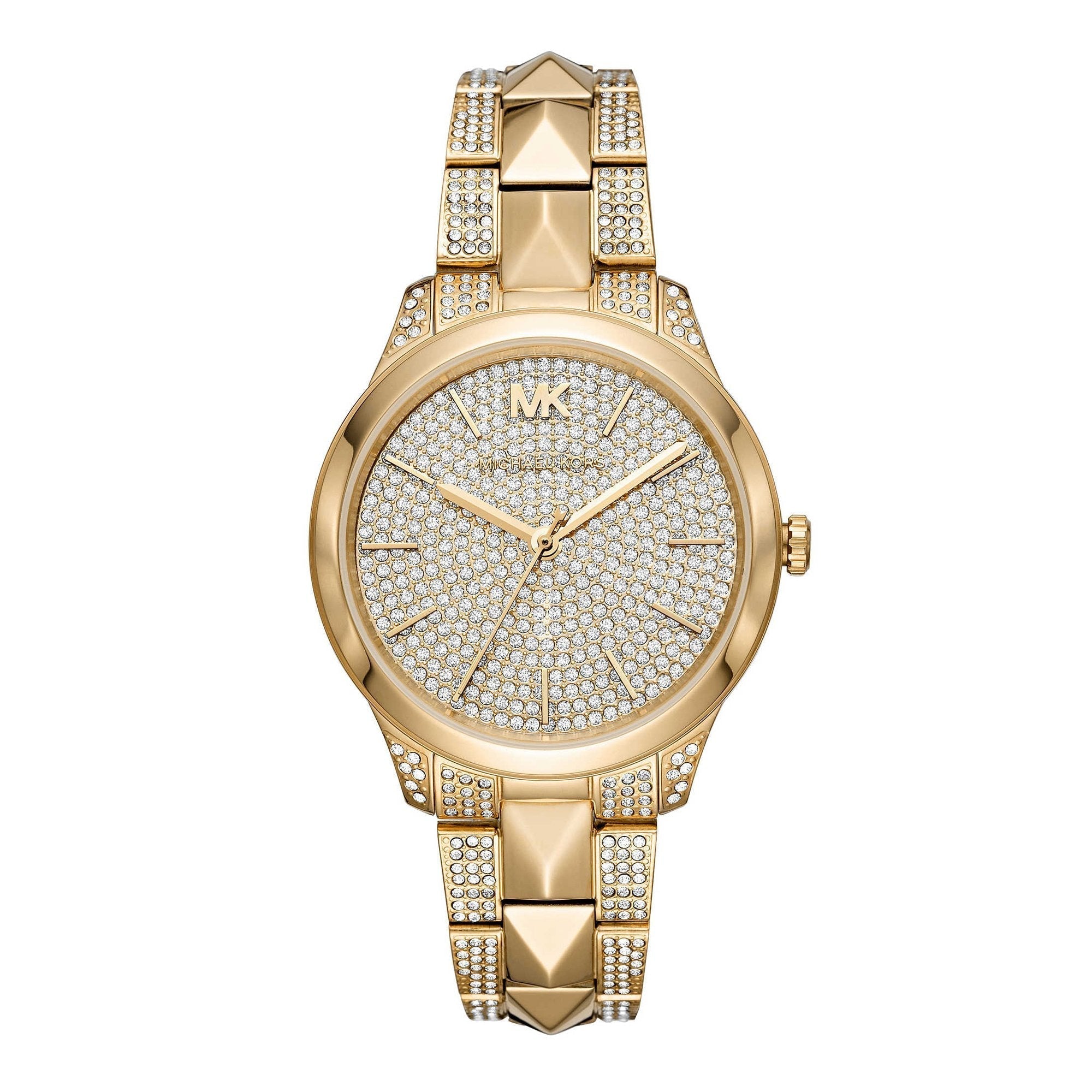 Michael Kors Runway Mercer gold women's watch with crystal-paved dial and matching gold bracelet