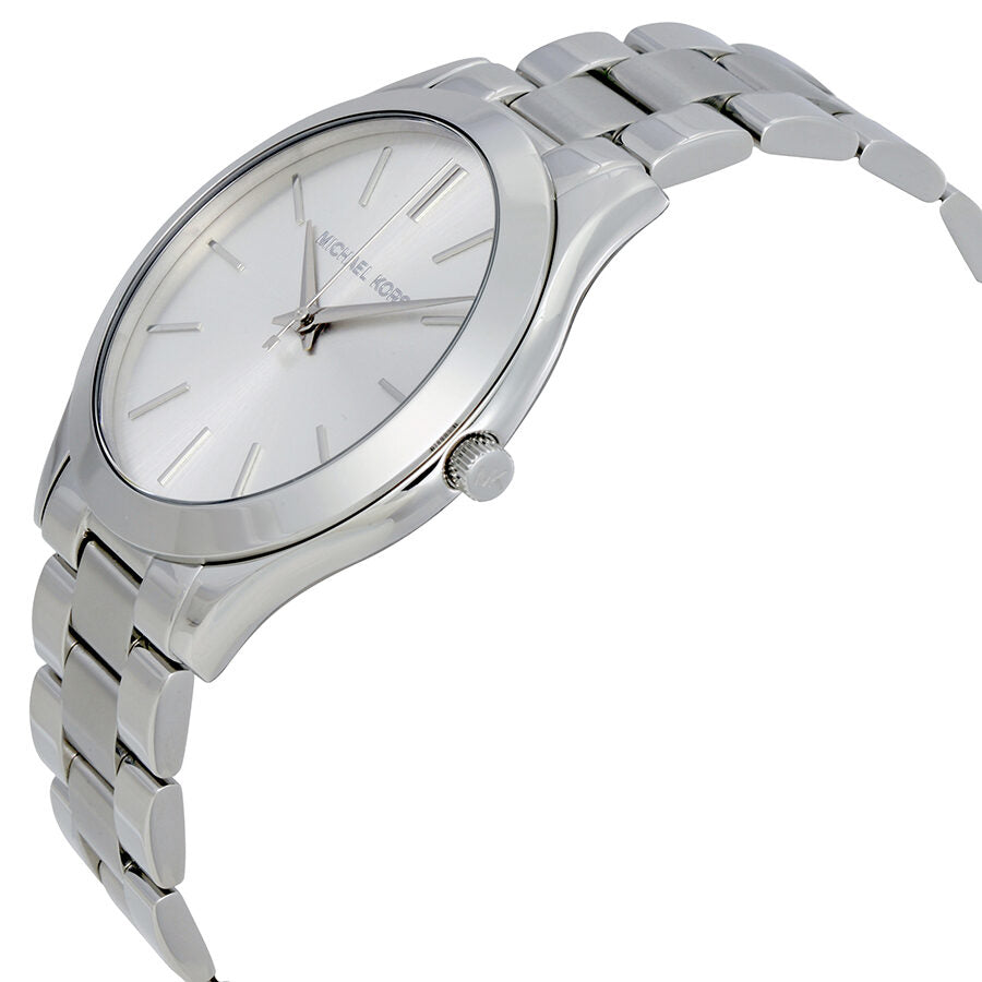 Michael Kors Runway watch side profile with stainless steel three-link bracelet