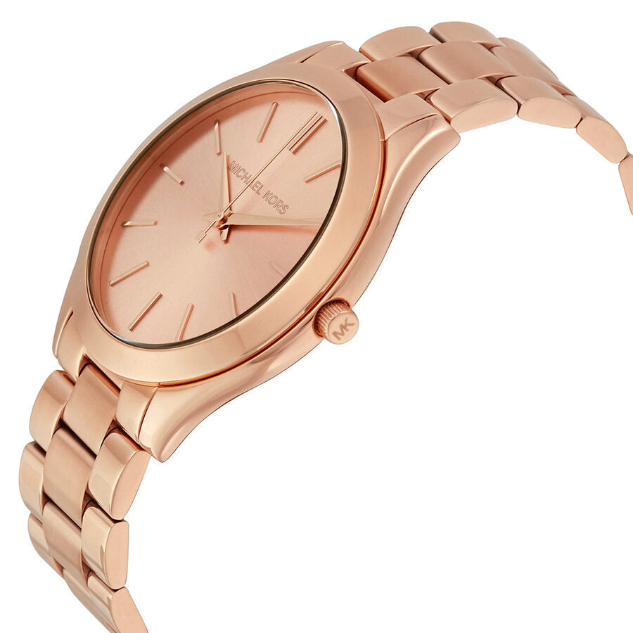 Michael Kors Runway watch shown at an angle displaying rose gold case and bracelet