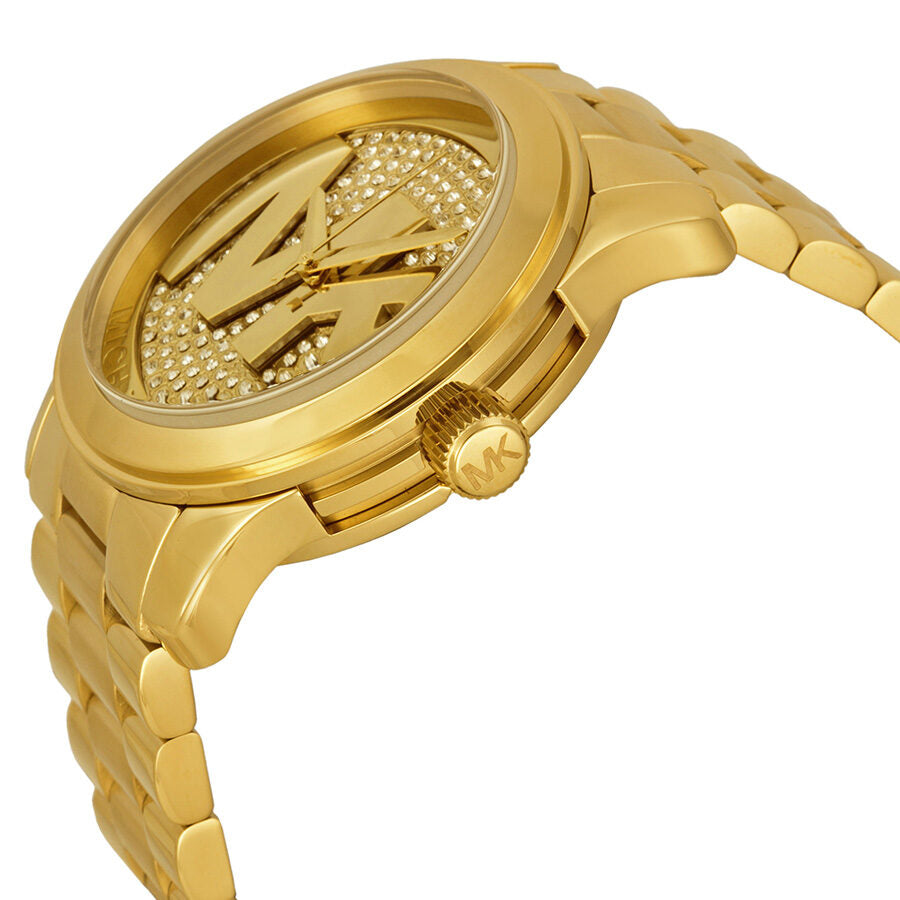 Michael Kors Runway MK5706 gold watch side view showing bracelet and crown detail