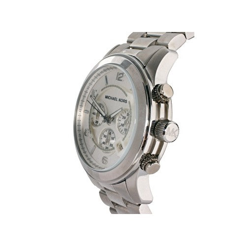 Side profile of Michael Kors Runway silver-tone chronograph watch with polished steel case