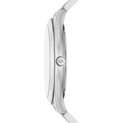 Michael Kors Slim Runway watch side profile showing thin case depth and silver-tone stainless steel bracelet