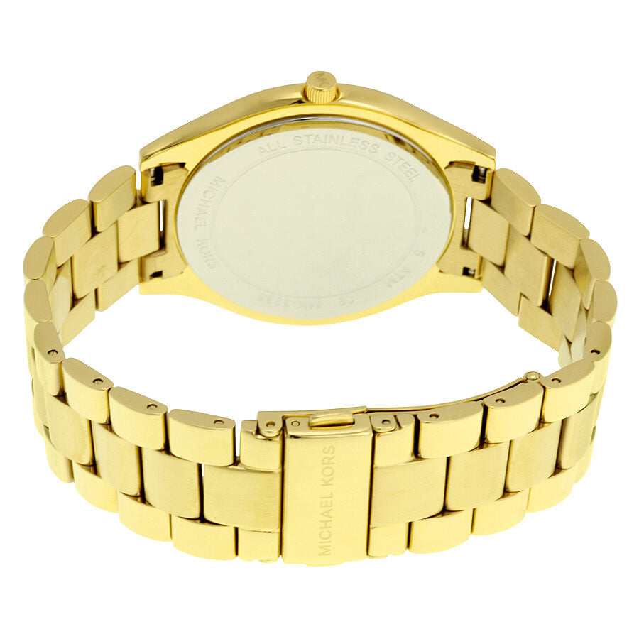 Reverse side of Michael Kors Slim Runway gold watch showing fold-over clasp and bracelet