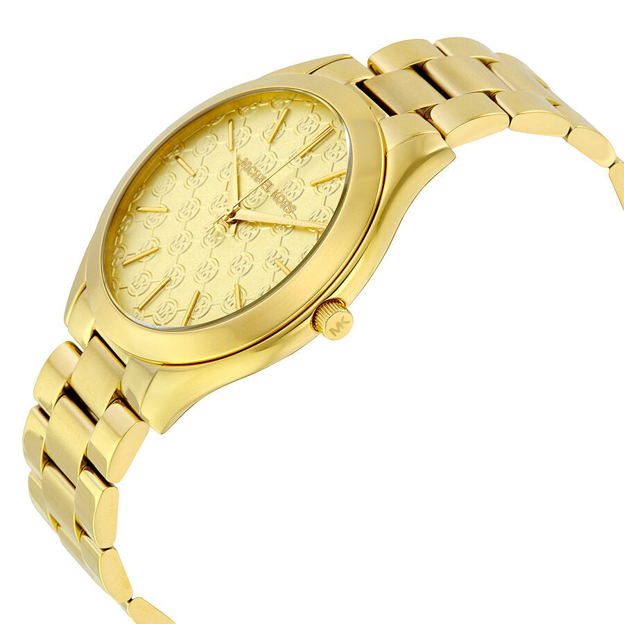 Michael Kors Slim Runway gold watch at angle showing champagne dial and gold bracelet