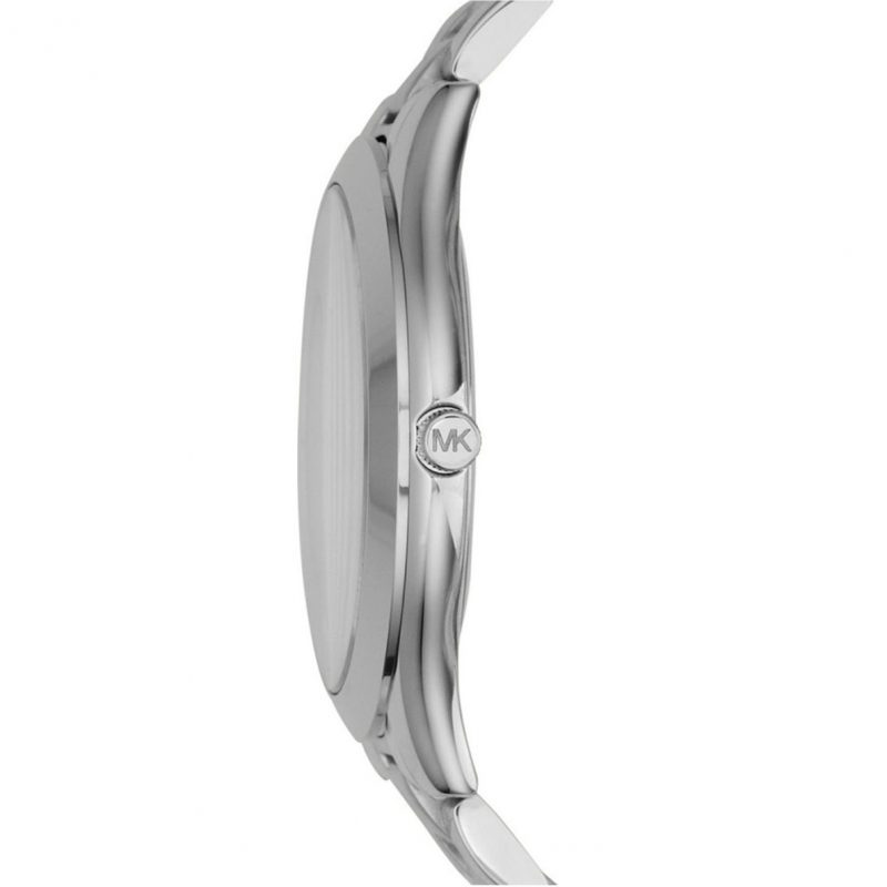 Side view of Michael Kors Slim Runway watch showing thin silver case profile