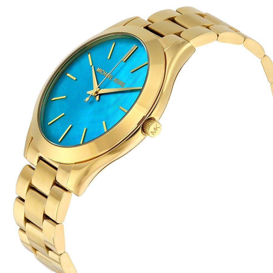 Side angle view of Michael Kors Slim Runway MK3492 with blue MOP dial and gold-tone bracelet