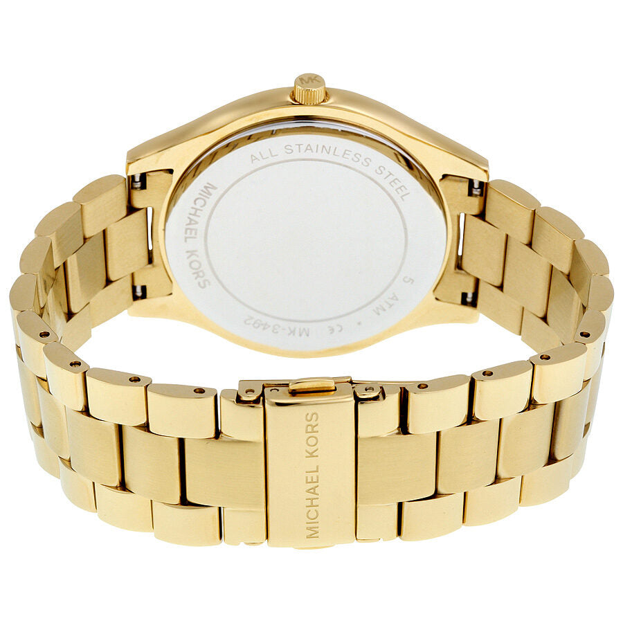 Caseback of Michael Kors Slim Runway MK3492 showing stainless steel and engraved branding