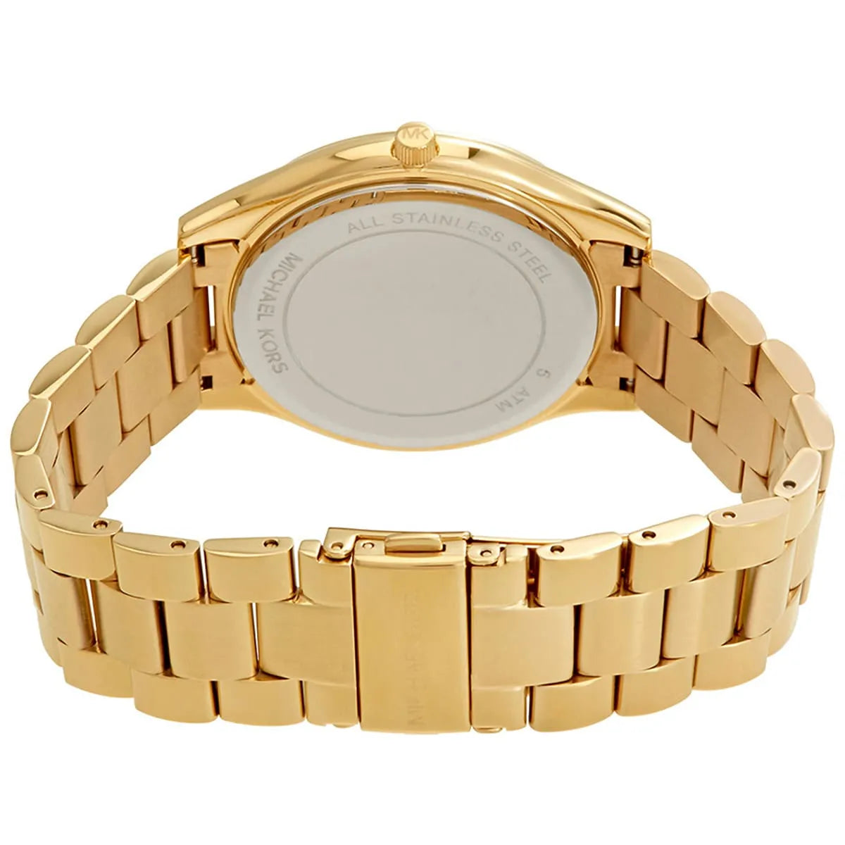 Michael Kors Slim Runway watch back case with engraved text and branding