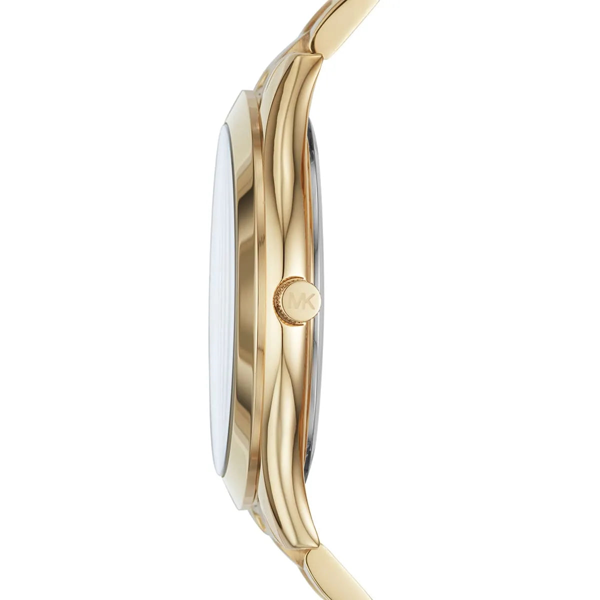 Michael Kors Slim Runway watch side view showing slim case and link bracelet