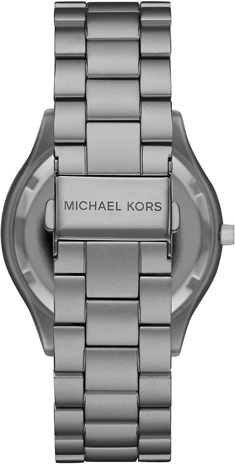 Caseback view of Michael Kors Slim Runway watch displaying stainless steel bracelet attachment