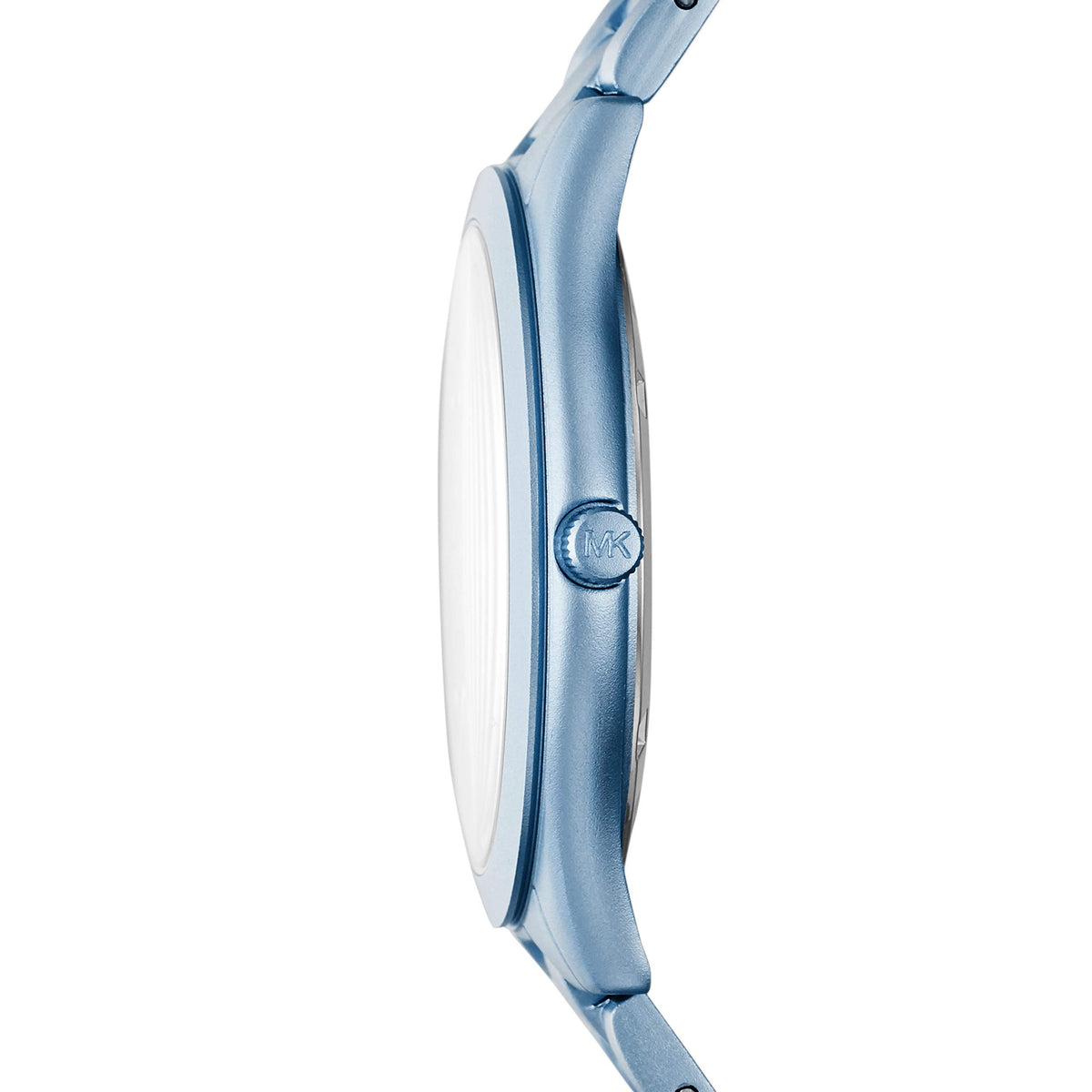 Side profile of Michael Kors Slim Runway watch showing thin case and blue bracelet