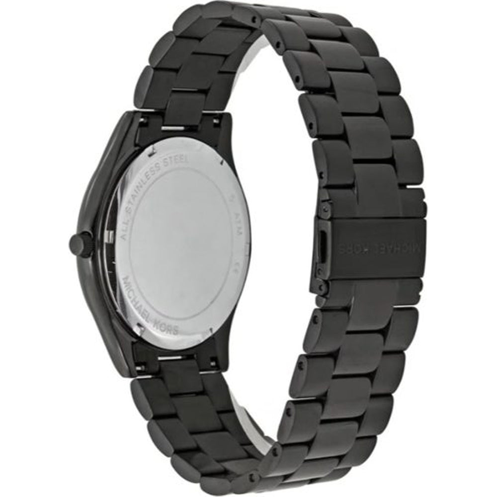 Caseback view of Michael Kors Slim Runway watch with stainless steel bracelet