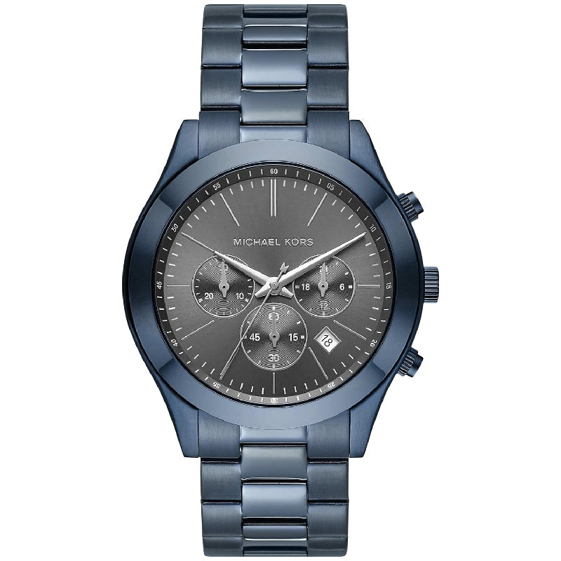 Michael Kors Slim Runway MK8918 chronograph watch with grey dial and blue steel bracelet