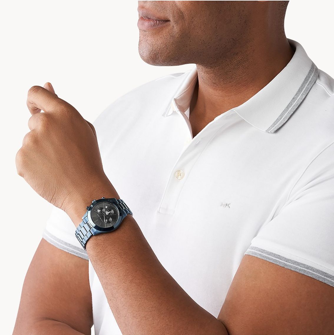 Michael Kors Slim Runway MK8918 chronograph watch worn on male wrist