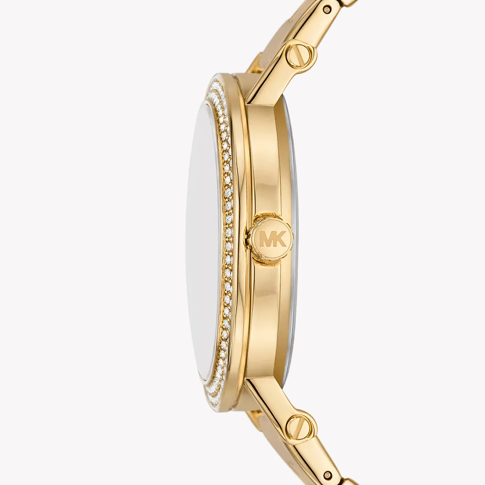 Side profile of Michael Kors Slim Runway watch showing gold case and crystal bezel