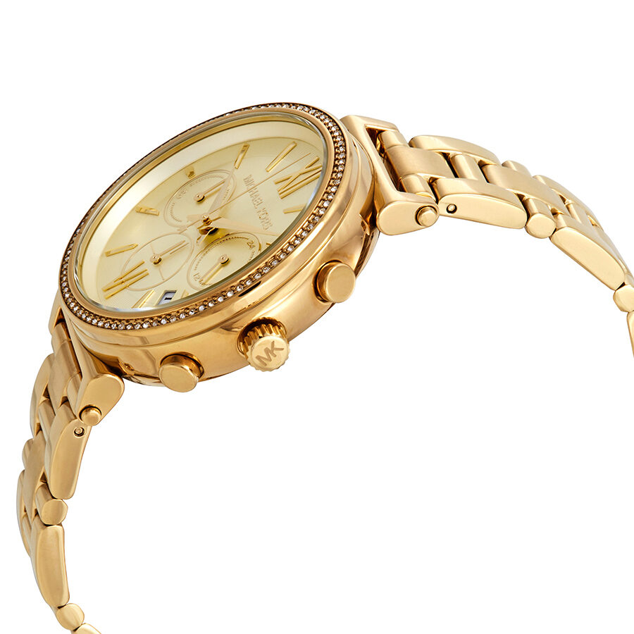 Gold-tone Sofie watch displayed at angle showing dial and three-link bracelet