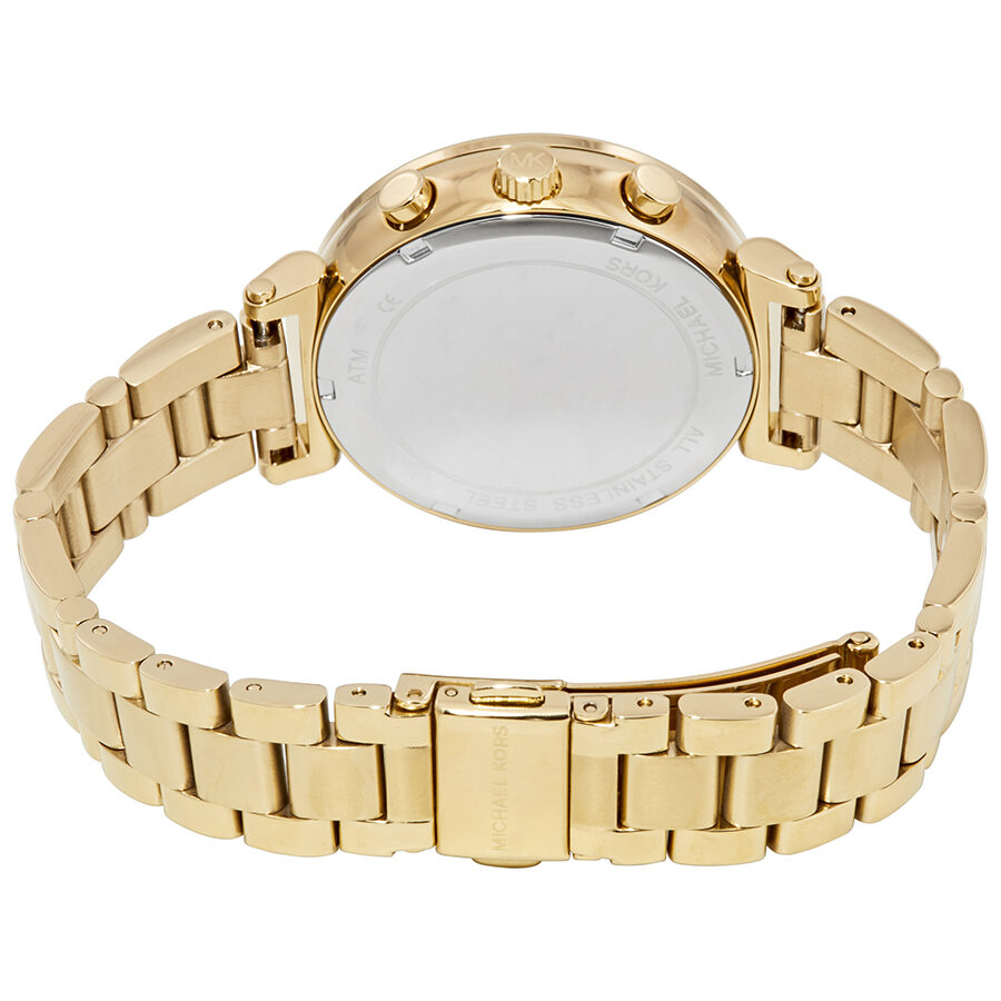 Michael Kors Sofie watch caseback showing gold-tone stainless steel case back