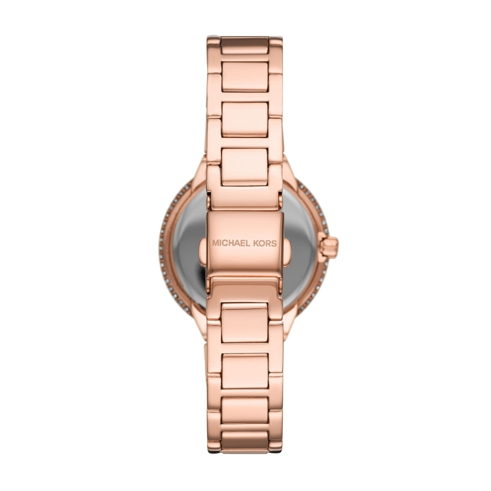 Case back of Michael Kors Taryn watch with rose gold link bracelet