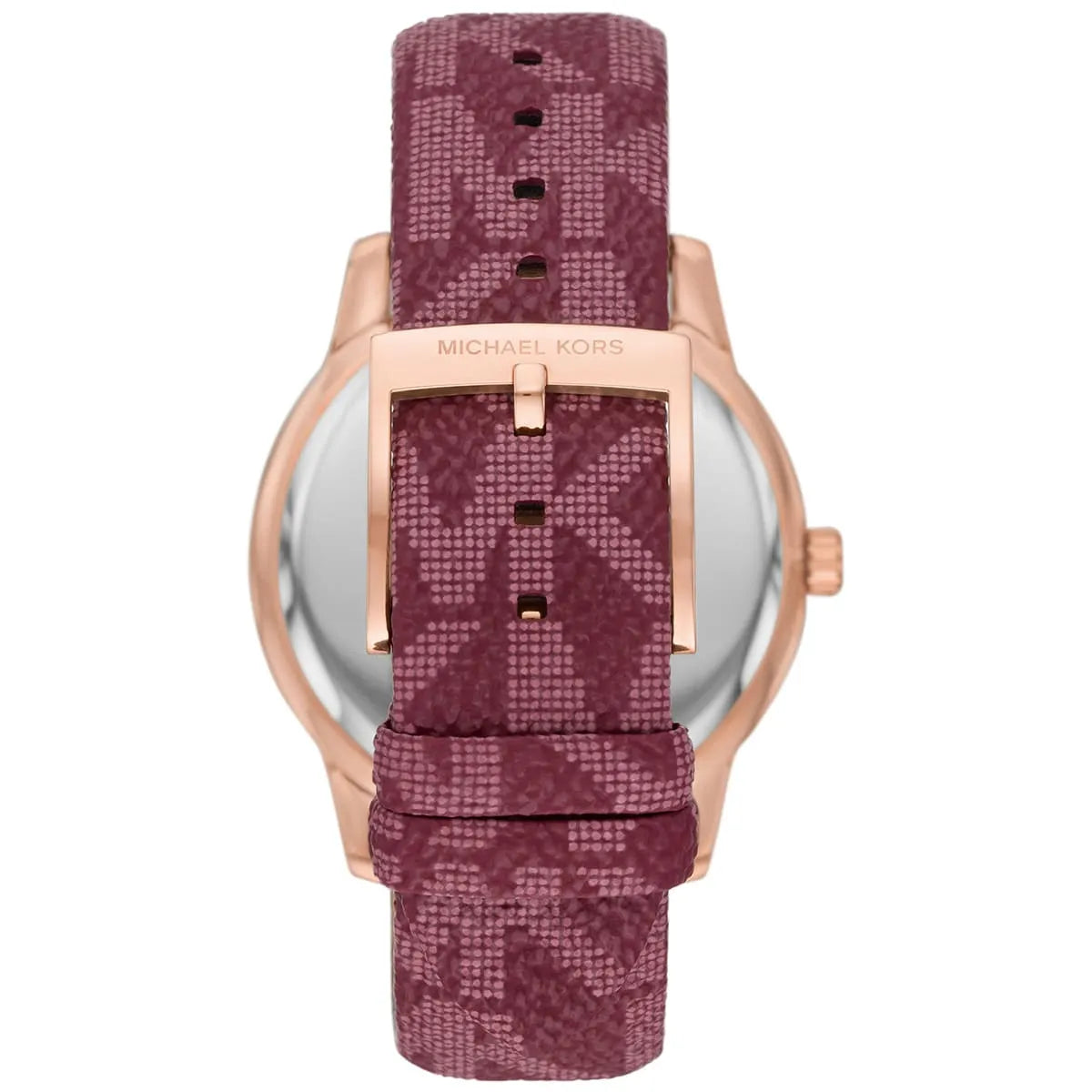 Back view of Michael Kors Tibby watch case with burgundy leather strap attachment