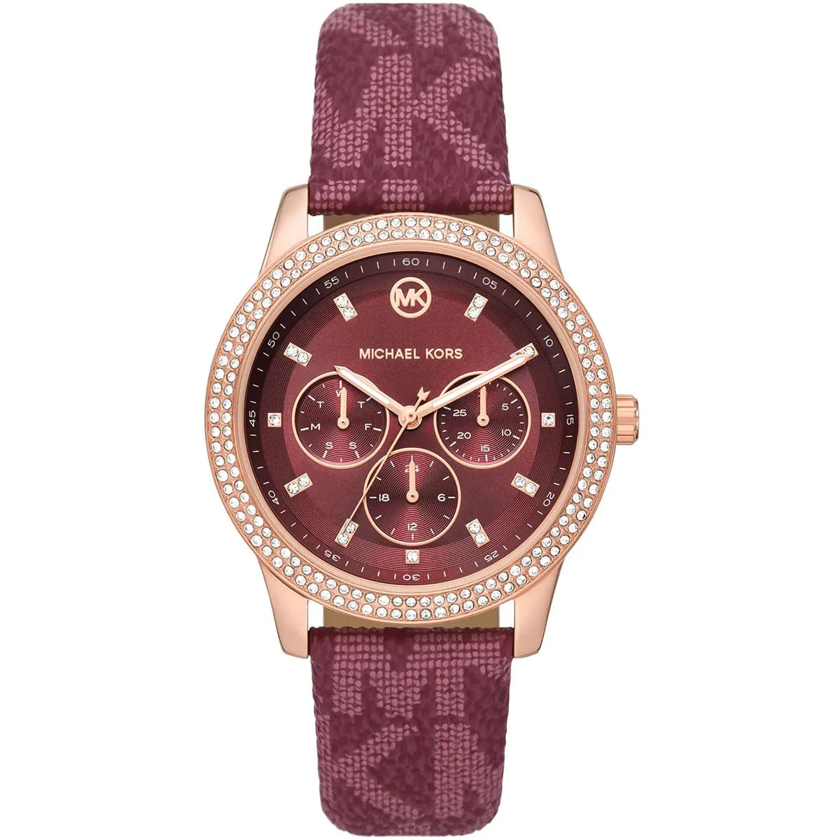Michael Kors Tibby rose gold-tone women's watch with burgundy leather strap and crystal bezel