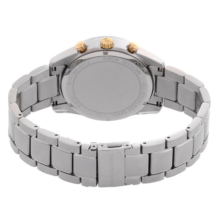 Michael Kors Warren chronograph watch back showing silver-tone case back and full bracelet