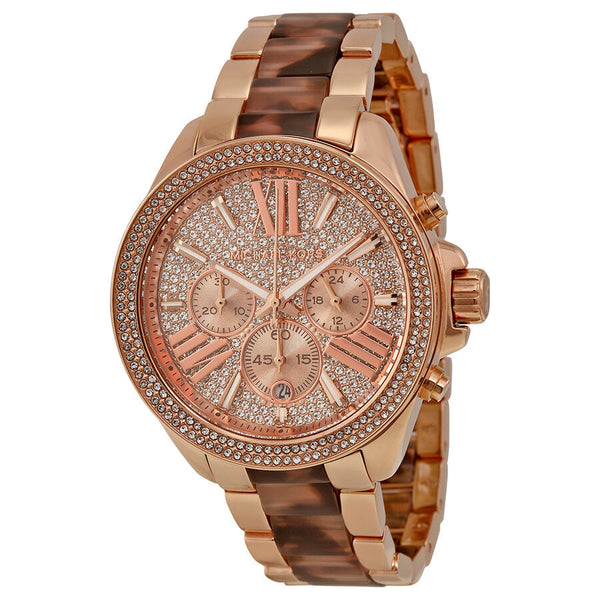 Michael Kors Wren Chronograph Crystal Pave Dial Rose Gold-tone and Tortoise-shell Acetate Ladies Watch MK6159 - The Watches Men & CO