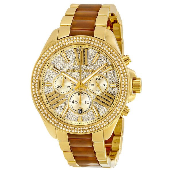 Michael Kors Wren Crystal Pave Dial Chronograph Gold-Tone and Amber Tortoise Acetate Ladies Watch MK6294 - The Watches Men & CO