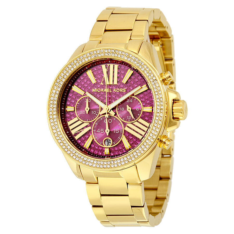 Michael Kors Wren fuchsia crystal pave gold-tone chronograph watch front view