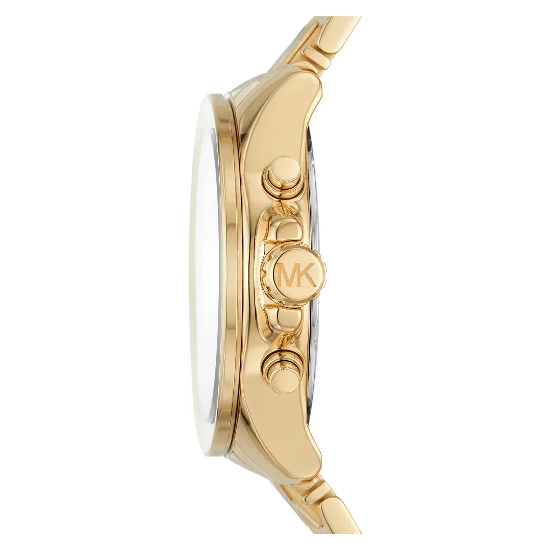Michael Kors Wren watch side profile showing gold-tone case and chronograph pushers
