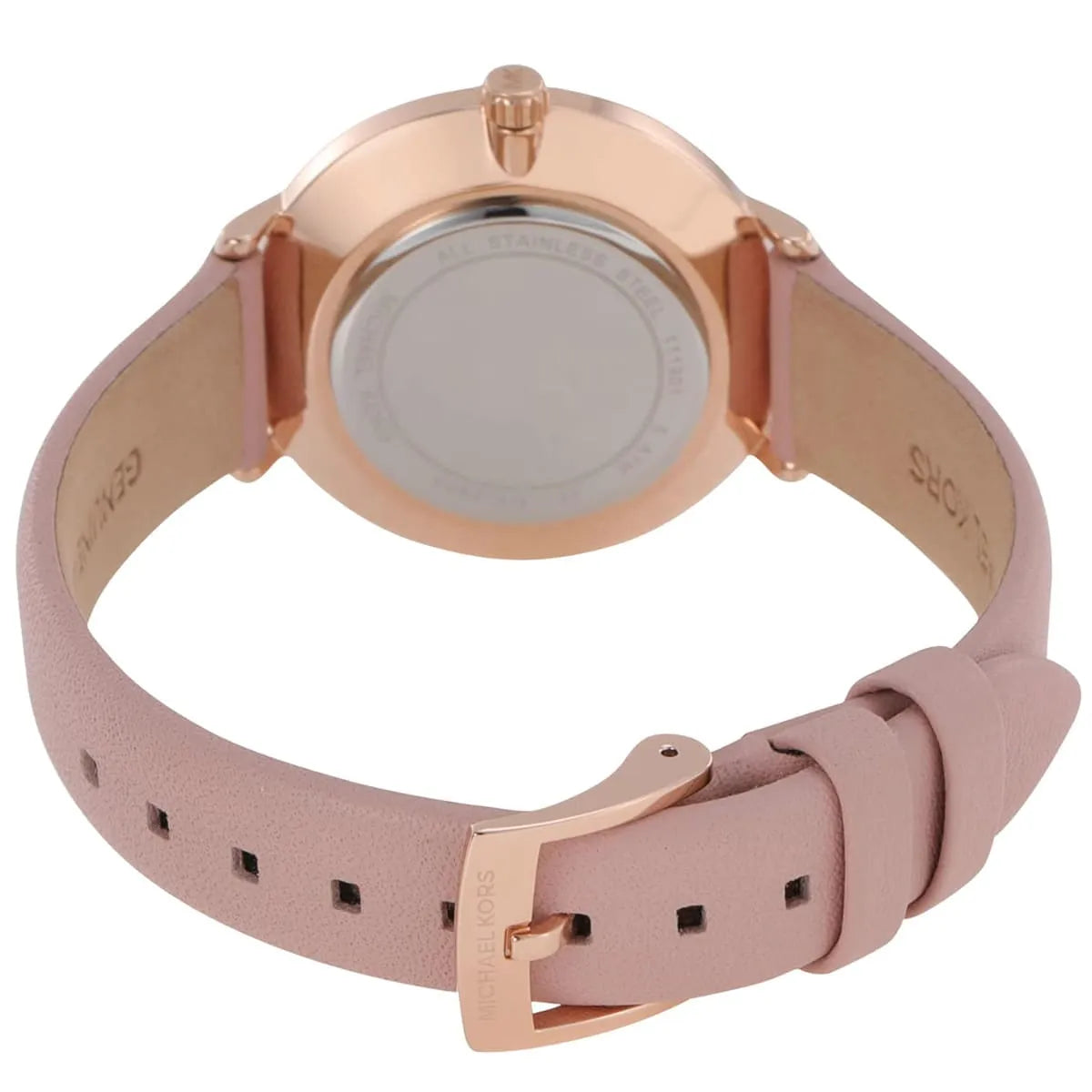 Back view of Michael Kors Pyper watch showing caseback and pink leather strap with hole details