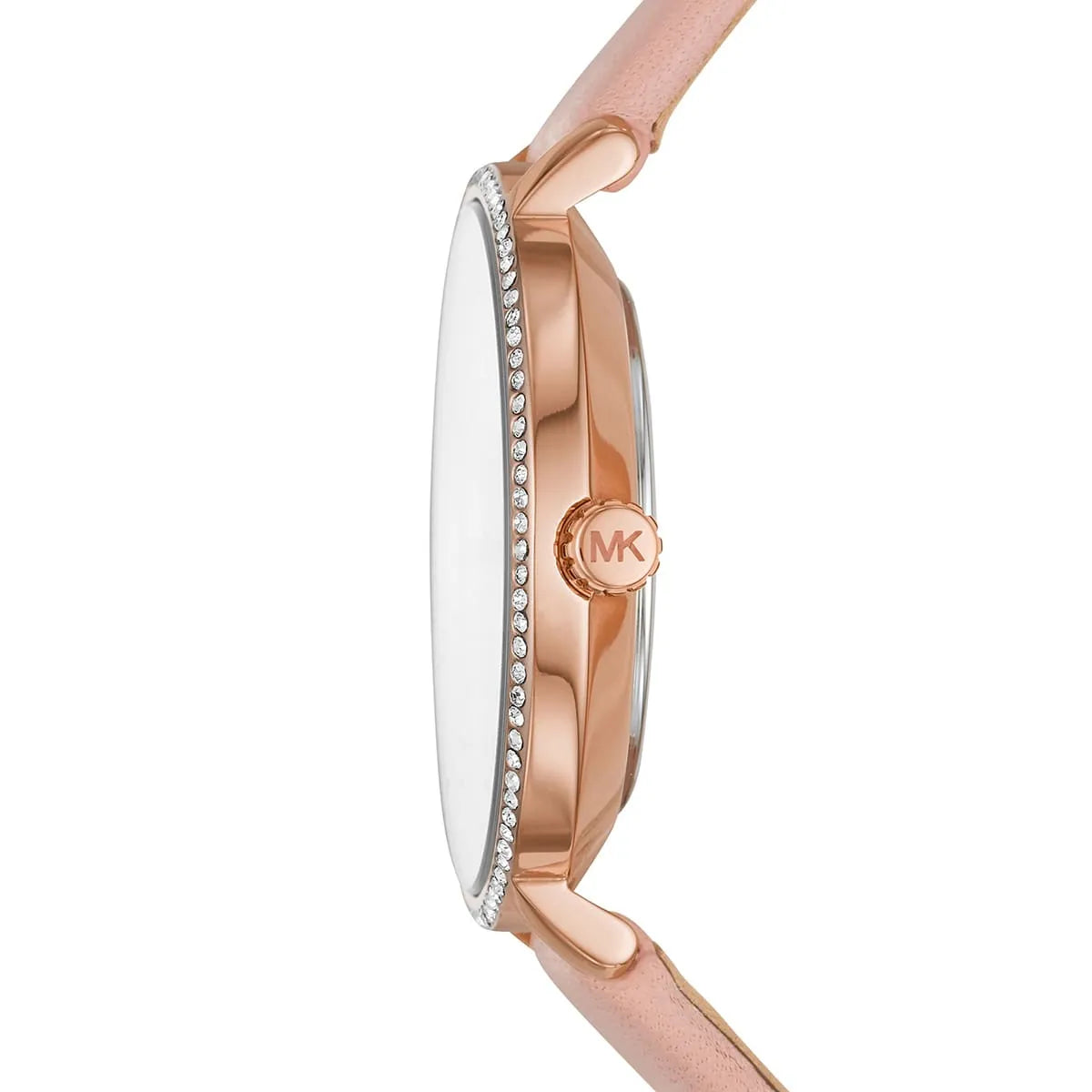 Side view of Michael Kors Pyper watch showing rose-gold case and crystal-set bezel