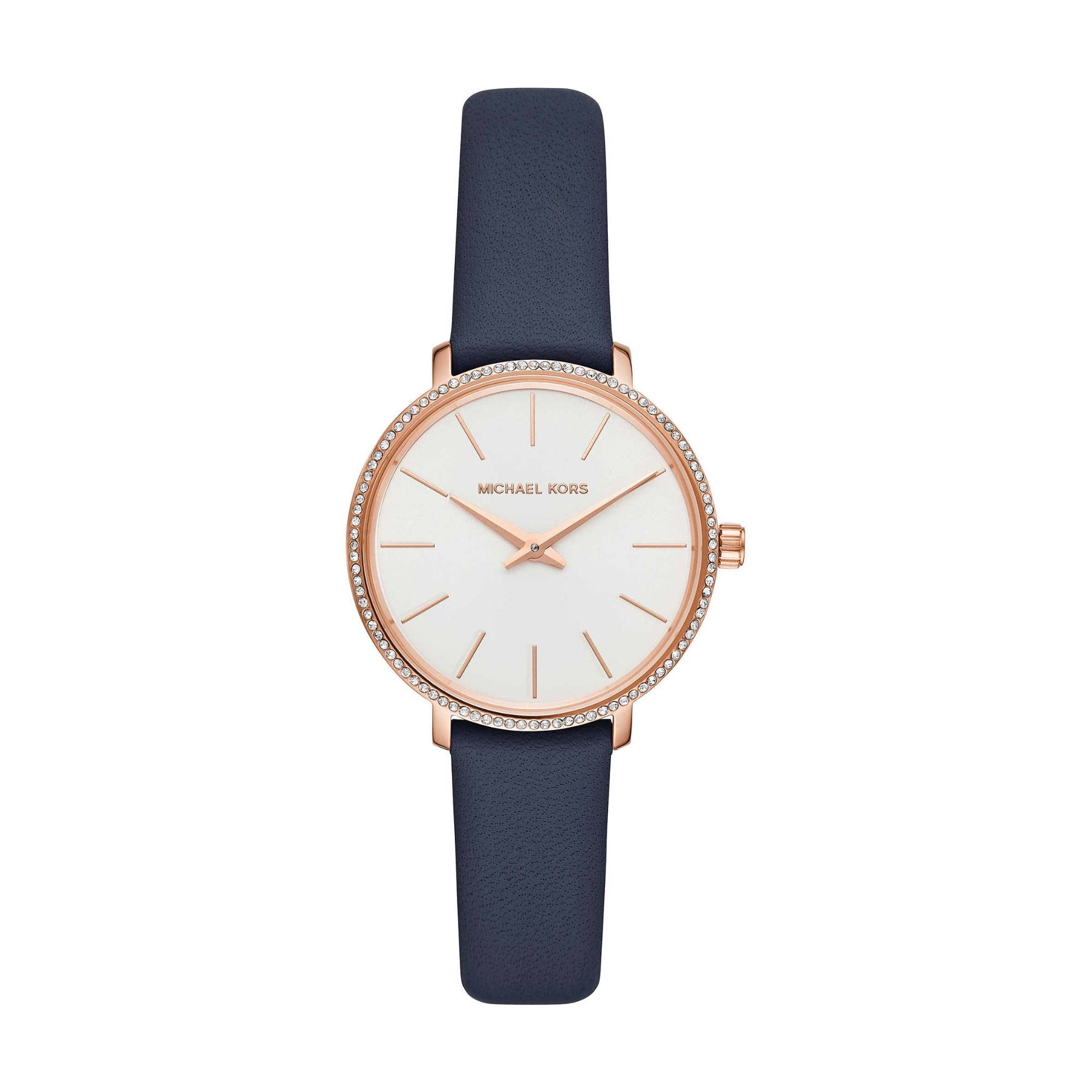 Michael Kors Pyper rose gold-tone watch with white dial and navy blue leather strap