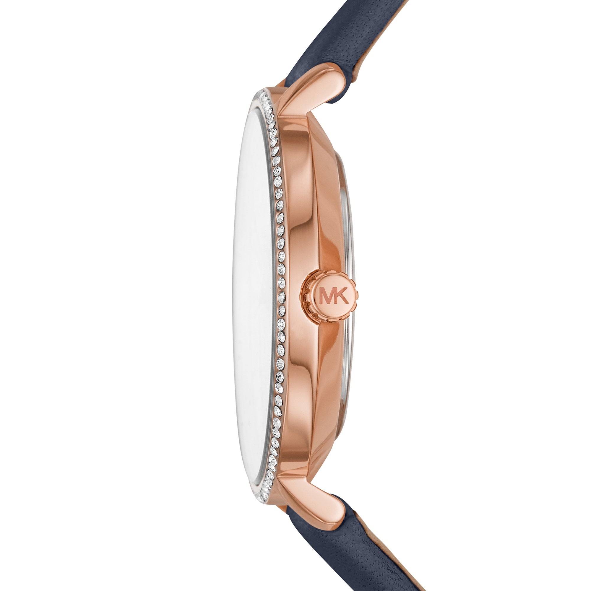 Side profile of MK2804 showing rose gold case depth and crystal-set bezel detail
