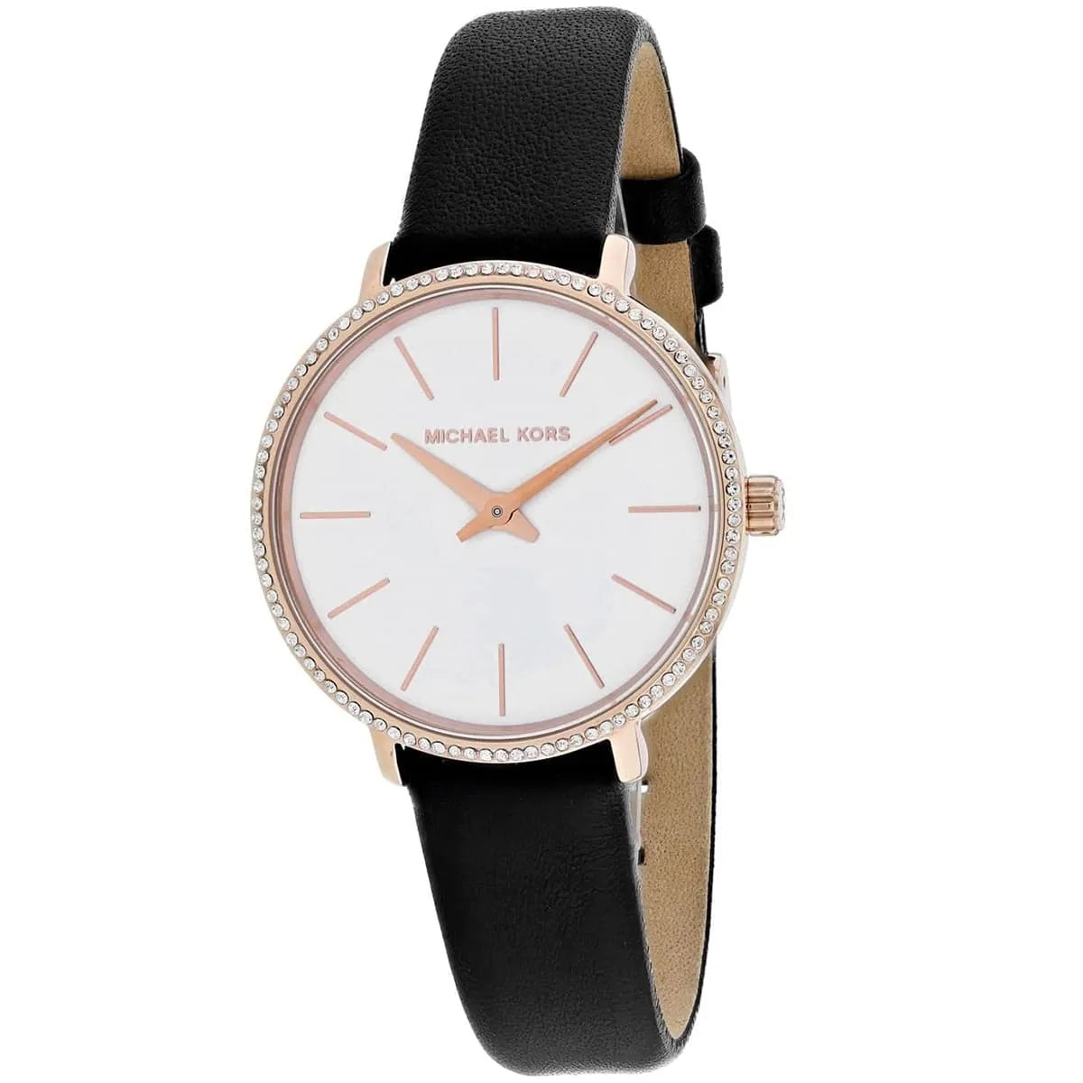 Side angle view of Michael Kors Pyper watch showing white dial and black leather band