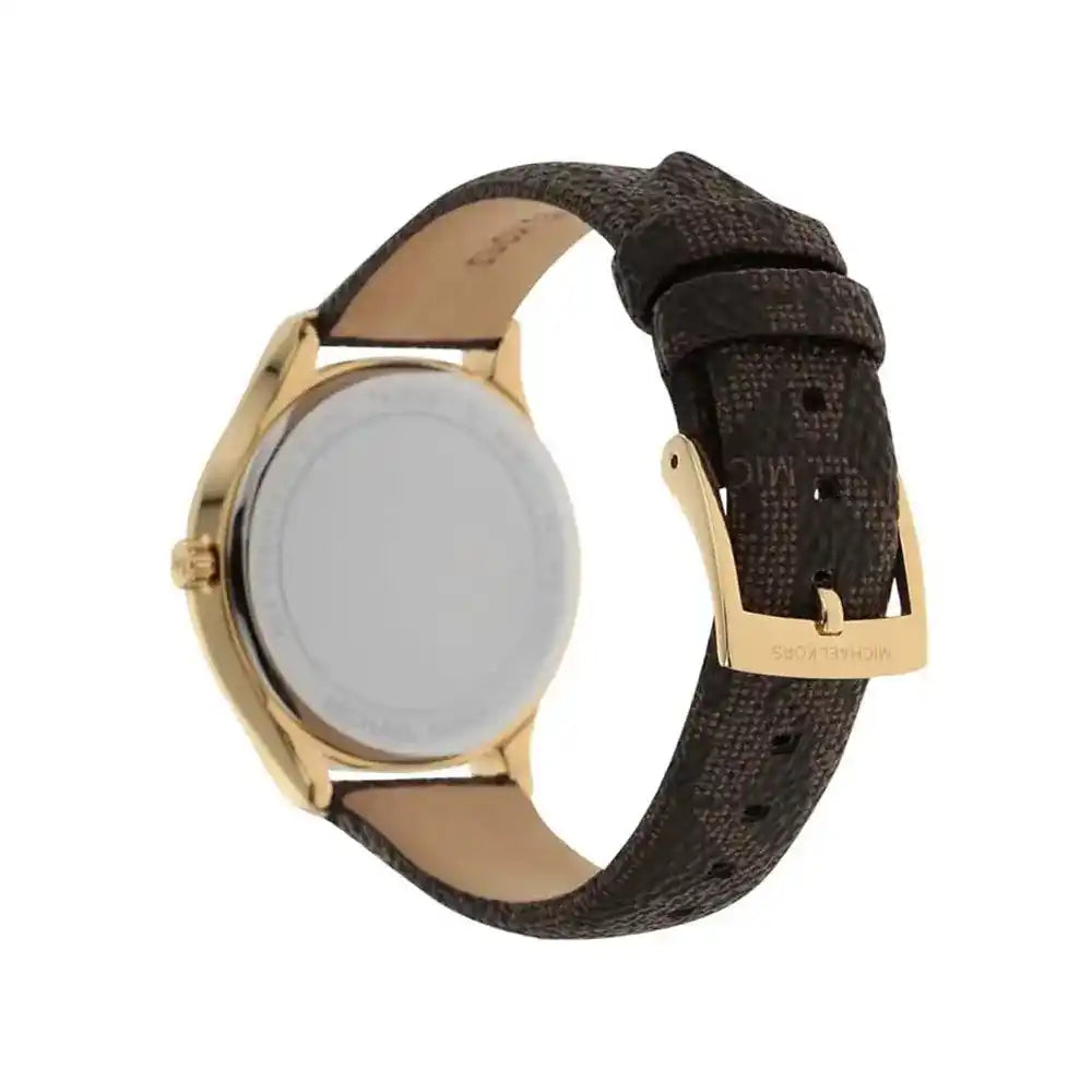 Angled view of Michael Kors Jaycie watch with brown leather band and gold case