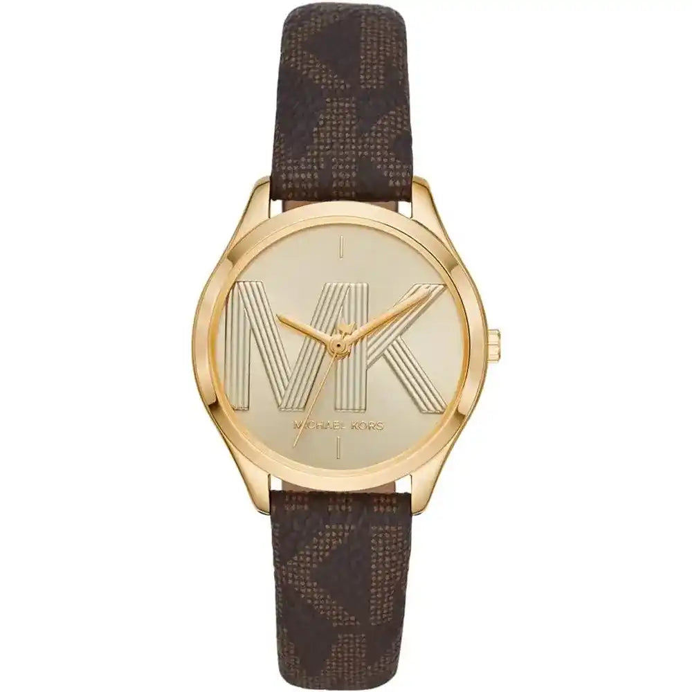 Michael Kors Jaycie gold dial watch with brown leather strap and gold-tone case