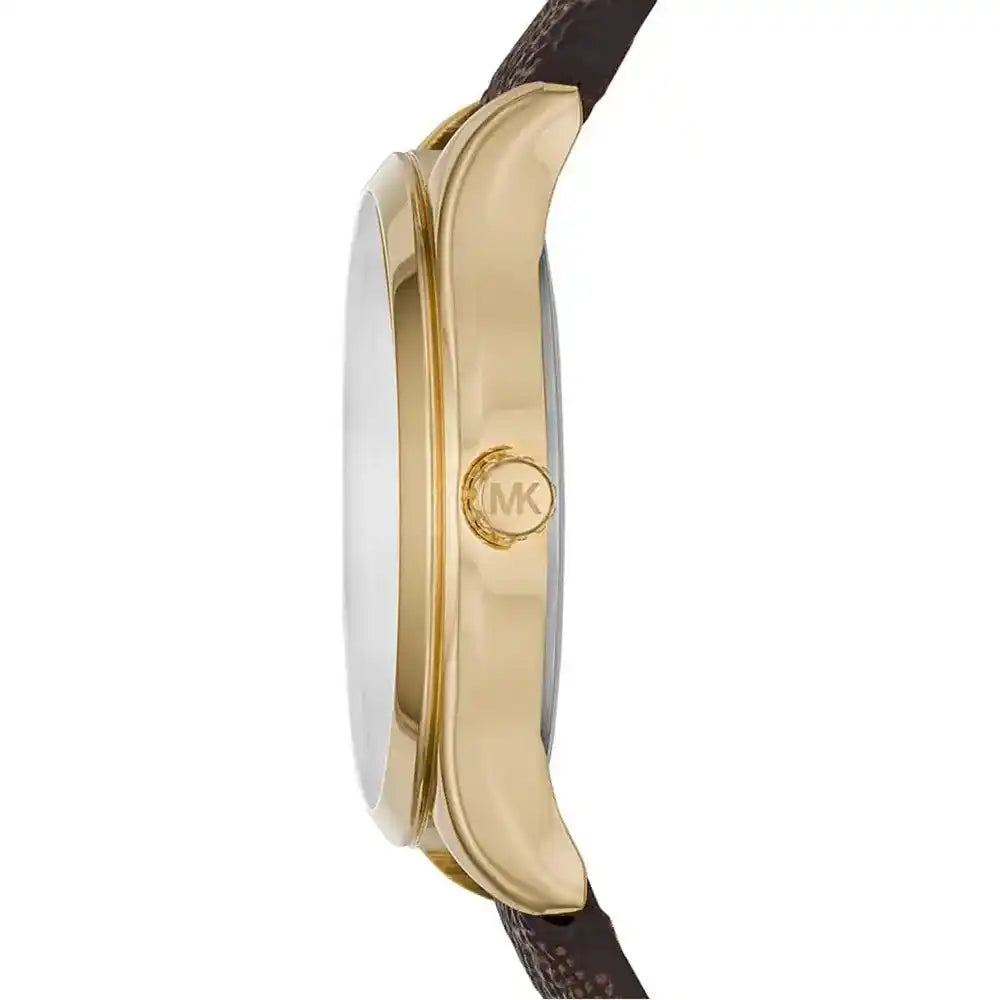 Side view of MK2862 Jaycie watch showing gold-tone case profile and brown strap