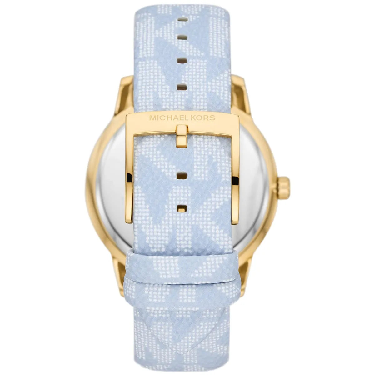 Michael Kors Tibby watch caseback showing gold case, buckle closure, and blue patterned strap