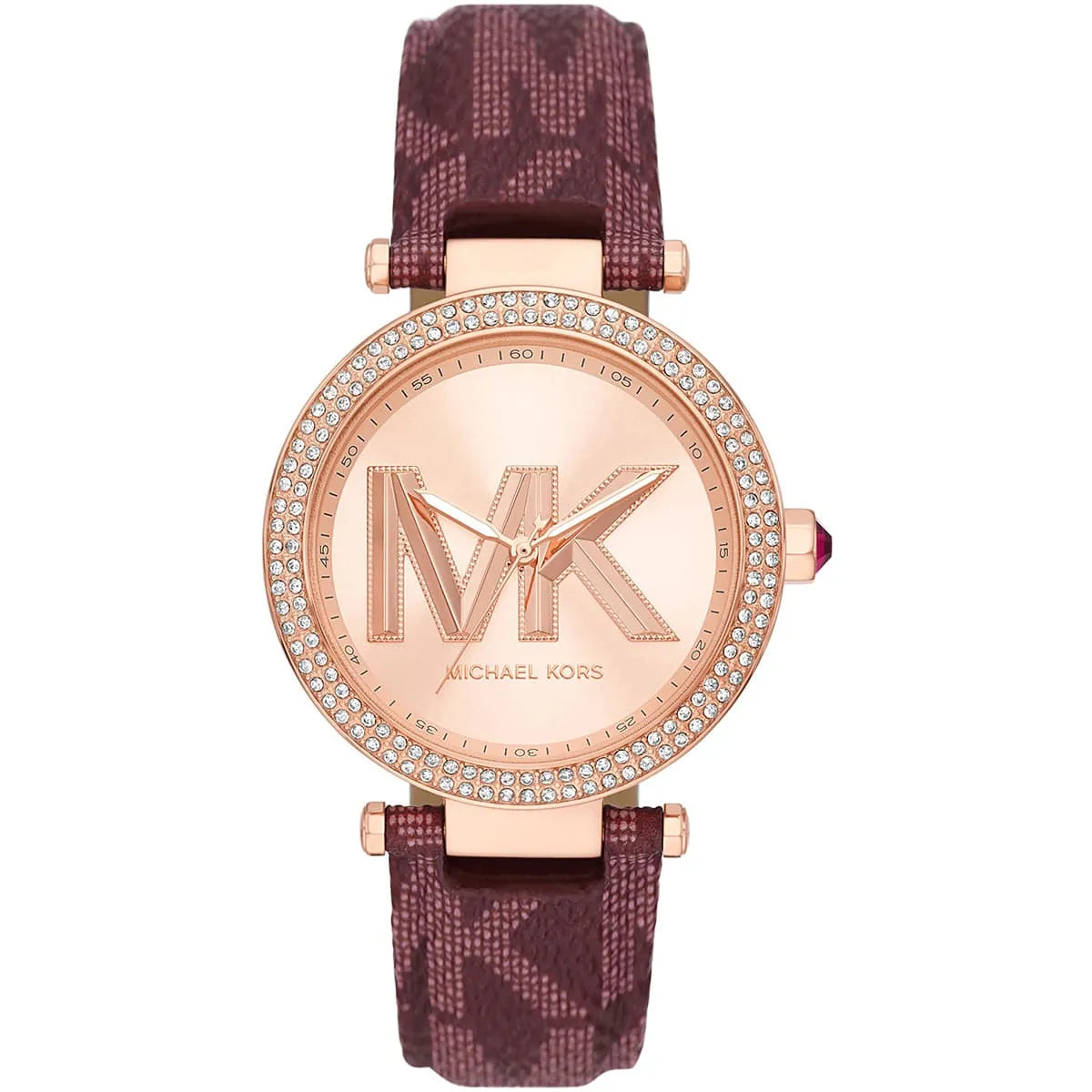 Michael Kors Parker women's watch with rose gold case, crystal bezel, merlot monogram strap