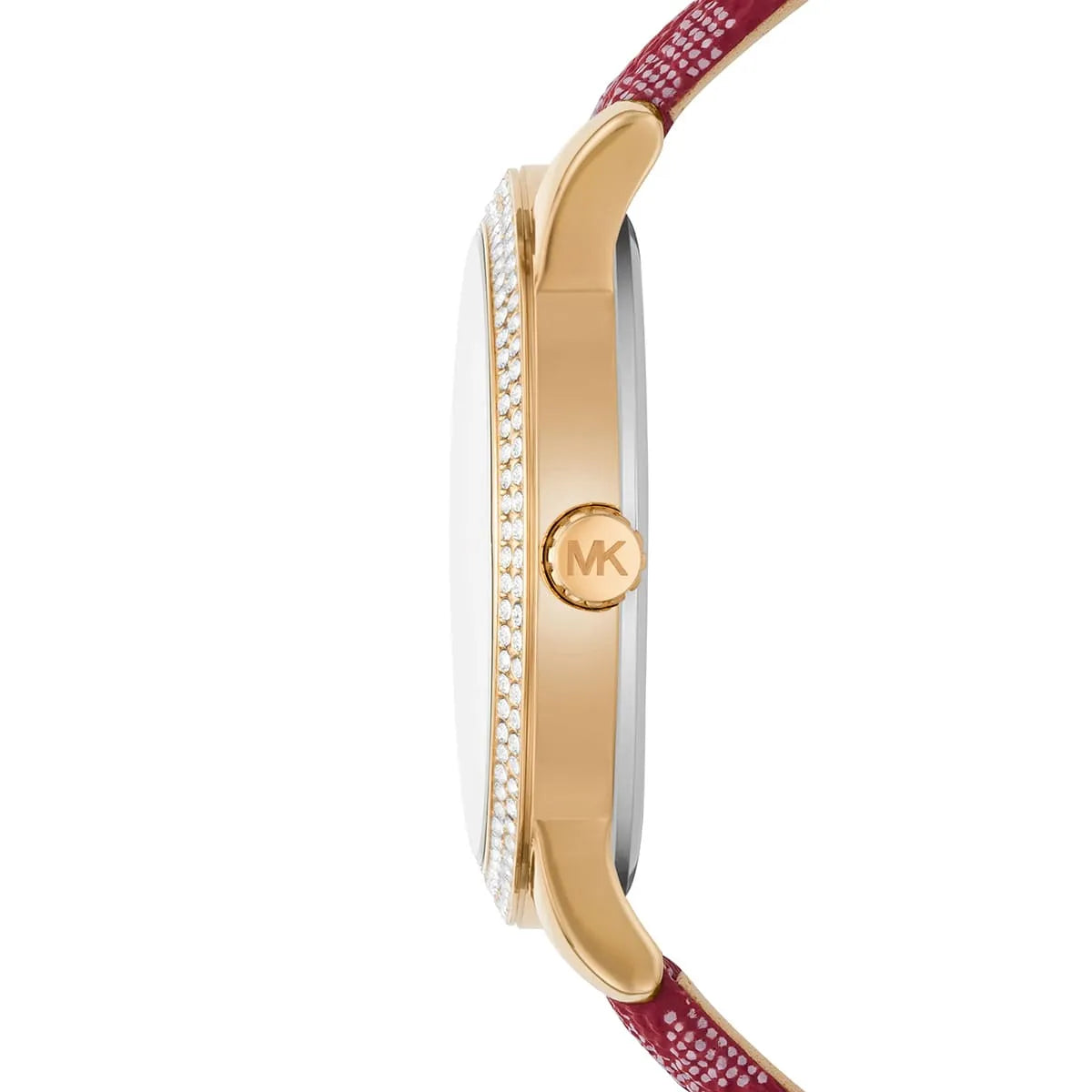 Side profile of Michael Kors Tibby watch showing crystal-set bezel, gold case, and red strap detail