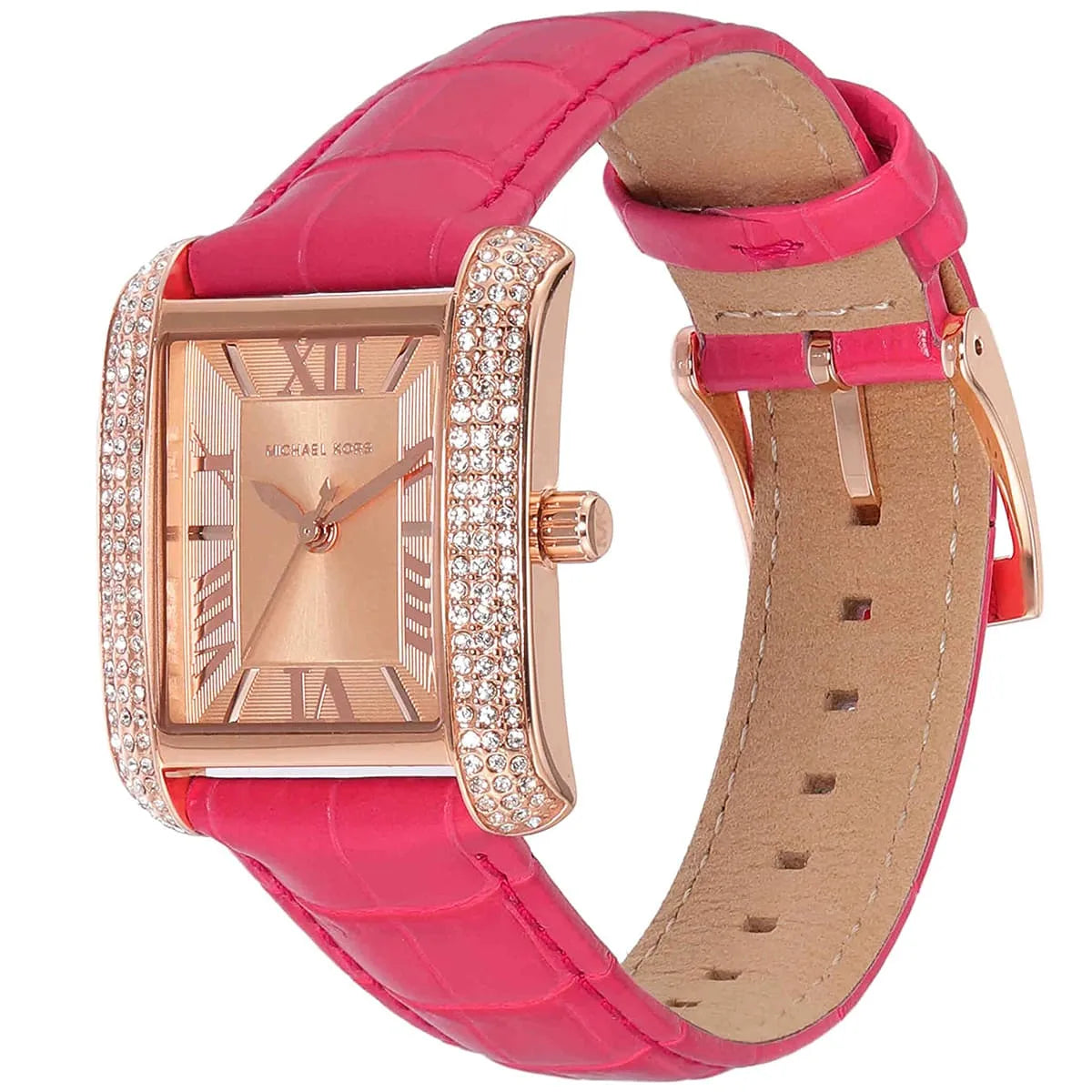 MK2984 Emery watch showing angled view of rose gold case and pink leather strap