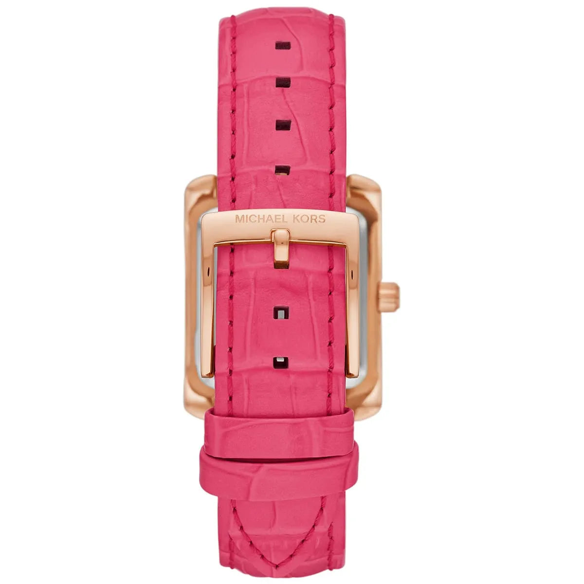 Caseback of MK2984 showing rose gold case and geranium pink leather strap