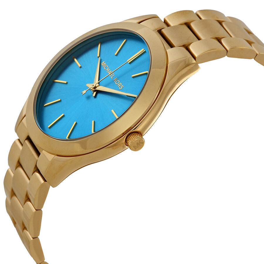 Michael Kors Runway watch angle view showing blue dial and gold-tone stainless steel bracelet