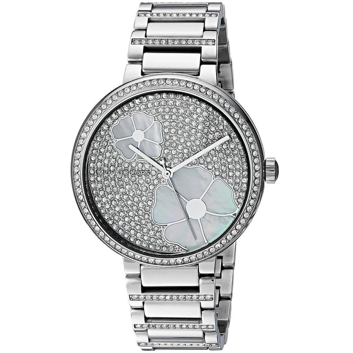 Michael Kors Courtney MK3835 three-quarter view showing silver pavé dial and stainless steel bracelet