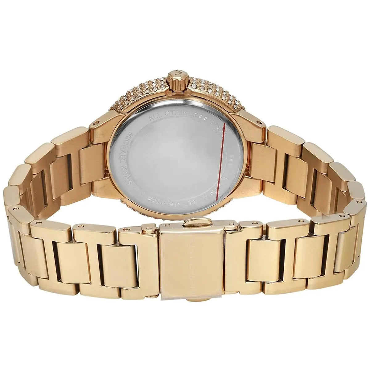 Rear view of Michael Kors Taryn watch displaying full metal bracelet and caseback details
