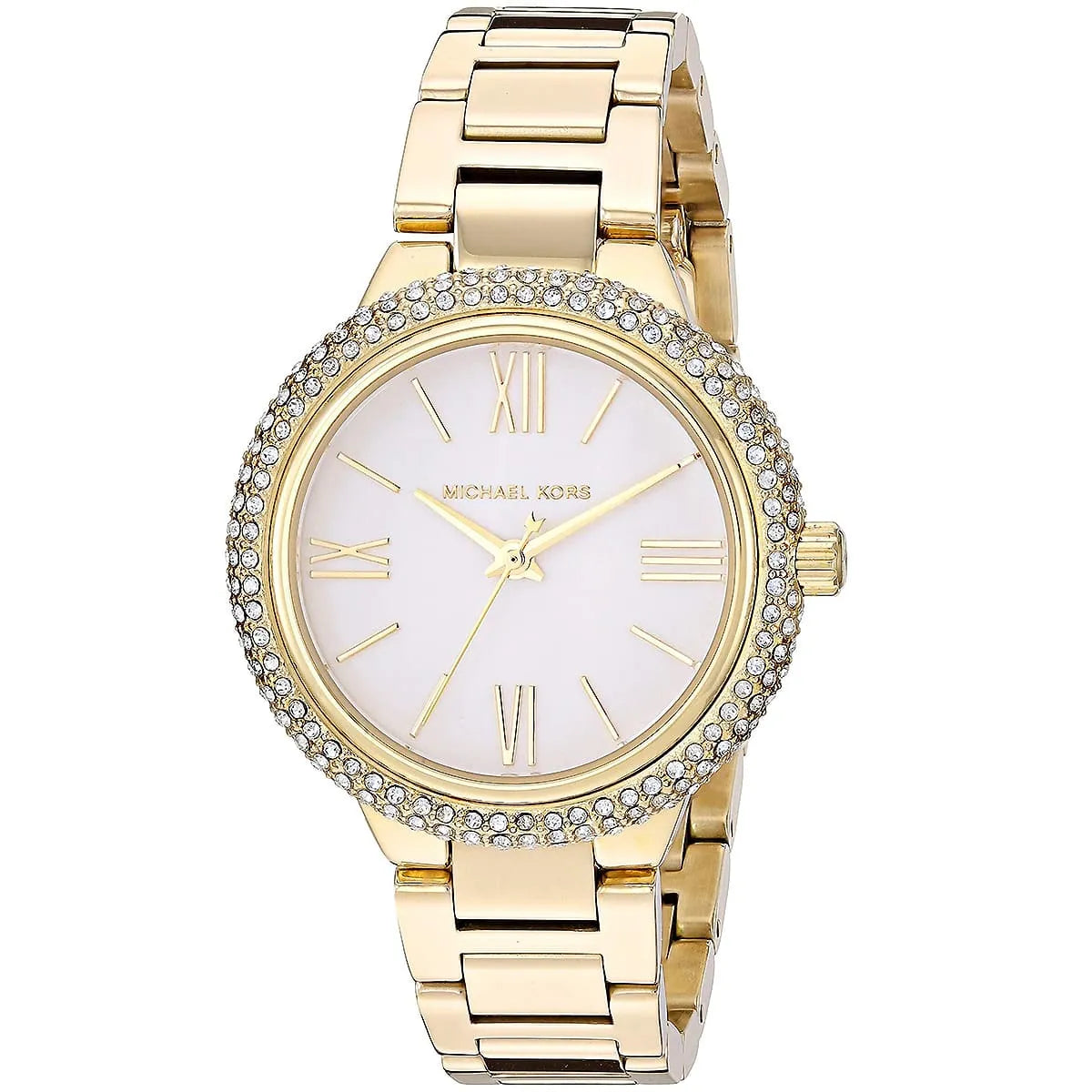 Michael Kors Taryn watch with pale gold dial, Roman numerals, and crystal-set bezel
