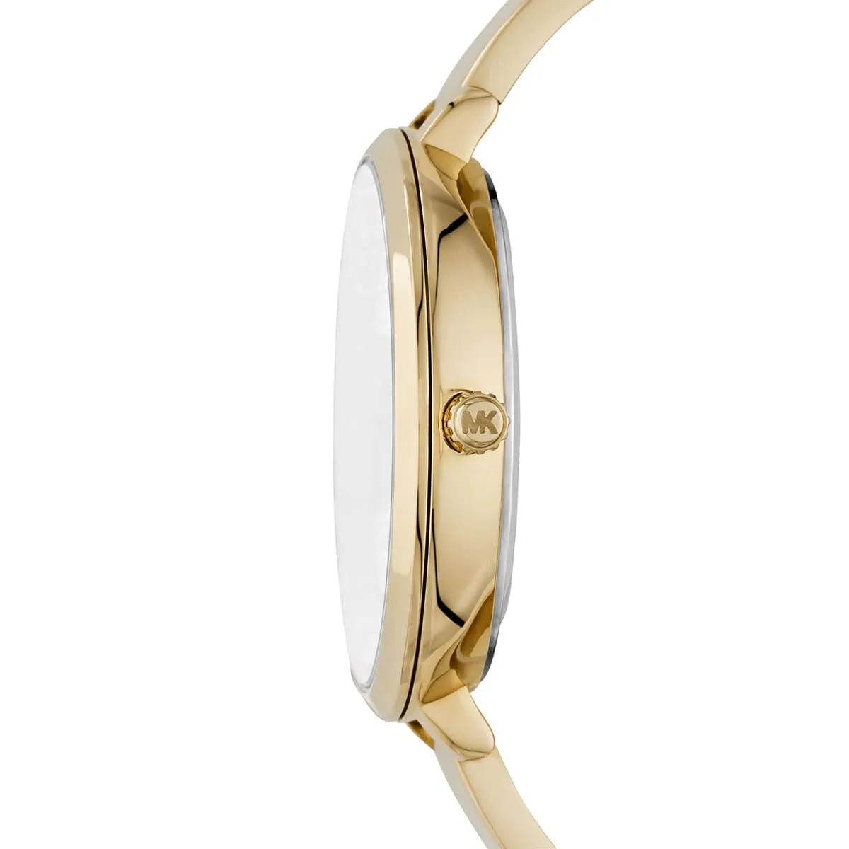 Side view of Michael Kors Charley watch showing gold-tone case and bracelet profile