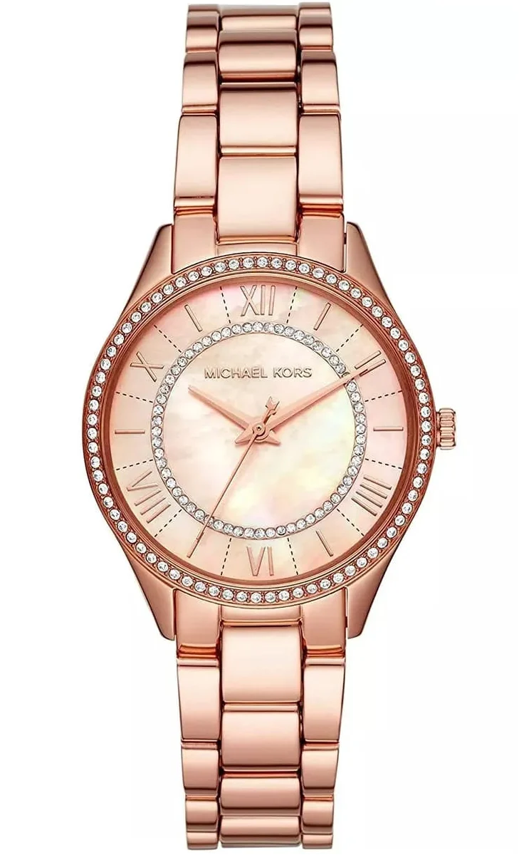 Michael Kors Lauryn rose gold women's watch with crystal bezel and rose gold bracelet