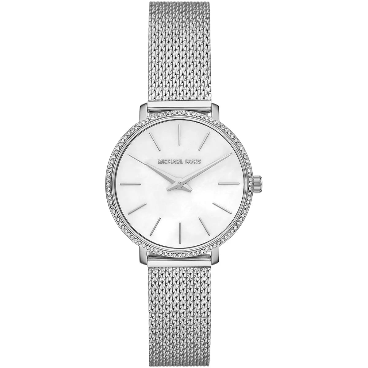 Michael Kors Mini Pyper women's watch with white dial, silver-tone mesh strap, and crystal-embellished bezel