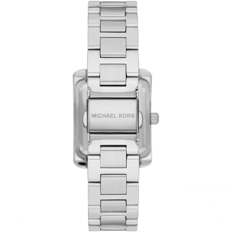 Back view of Michael Kors Emery watch showing case back with Michael Kors branding and silver-tone bracelet
